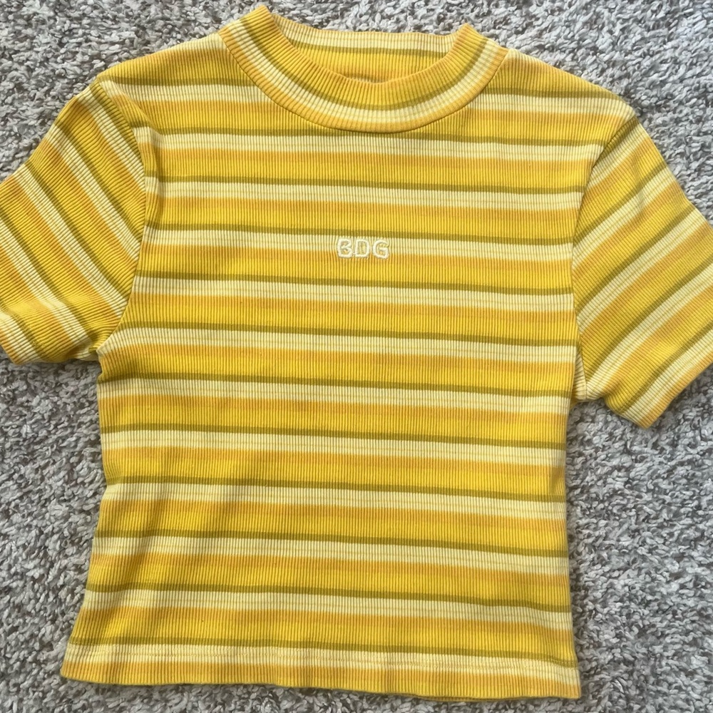 BDG Yellow and Cream Striped Ribbed Short Sleeve Tee